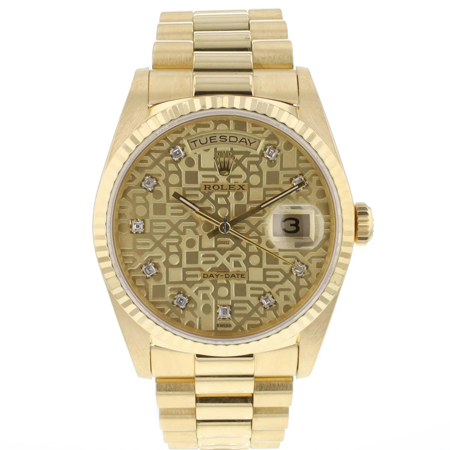 Rolex Day-Date 36 Yellow Gold Champagne Logo Diamond Dial