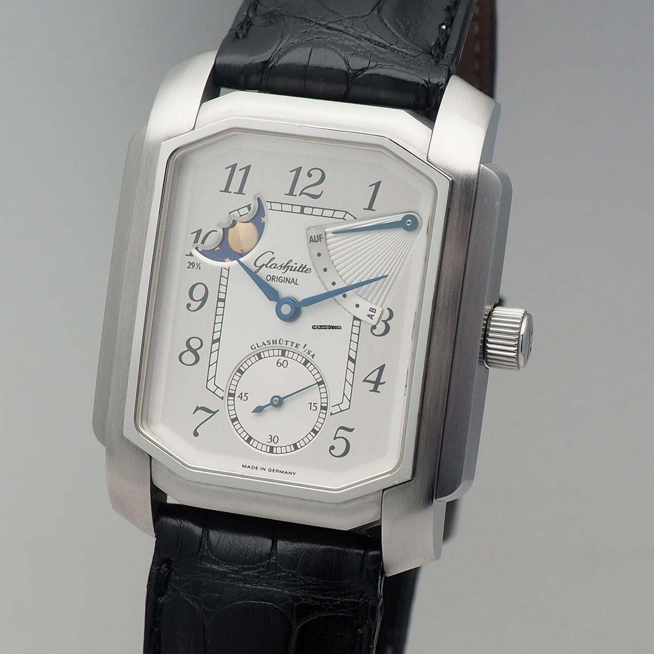 Glashütte Original Senator Karrée 1845 Moonphase Auf/Ab - Reserche-De March Stahl/Leder B&P TOP