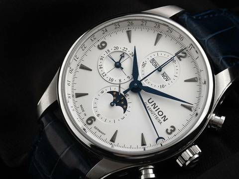  Union Glashütte Belisar Chronograph Ref.D009425A 2021 Full Set wie Neu Vintage Belisar Chronograph Vollkalender Mondphase Krokoleder Faltschließe 