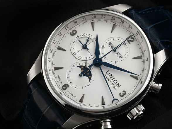  Union Glashütte Belisar Chronograph Ref.D009425A 2021 Full Set wie Neu Vintage Belisar Chronograph Vollkalender Mondphase Krokoleder Faltschließe 