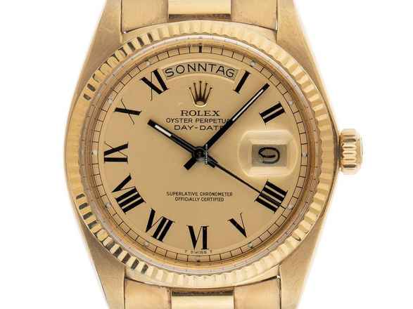  Rolex Day-Date 36 Ref.1803 1975 Box&Beschreibung sehr gut Vintage Day-Date Buckley Dial 18kt Gelbgold 130g open 6/9 