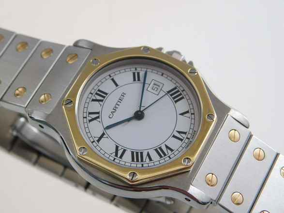  Cartier Santos Octagon weißes Blatt Automatik XL 30mm Stahl Gold im Top Zustand langes strammes Band perfektes Swiss Made Dial 30 mm 