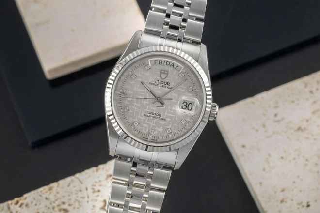  Tudor Prince Date Day Automatik Edelstahl / Weissgold Diamonds Ref 76214 Papiere 