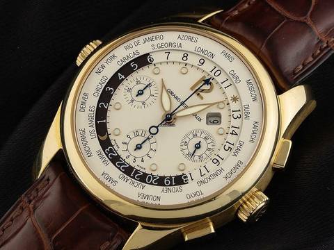  Girard Perregaux WW.TC World Time Ref.49800-51-151-BACD 2009 Full Set sehr gut Vintage WW.TC World Time Chronograph 18kt Gelbgold 173g Leder Faltschließe 
