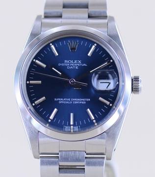  Rolex Oyster Perpetual Date 15000 Automatic Blue Stick dial Oysterband Stahl 1985 Vintage rar 