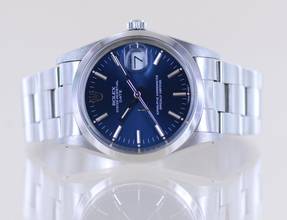 Thumbnail von Rolex Oyster Perpetual Date 15000 Automatic Blue Stick dial Oysterband Stahl 1985 Vintage rar