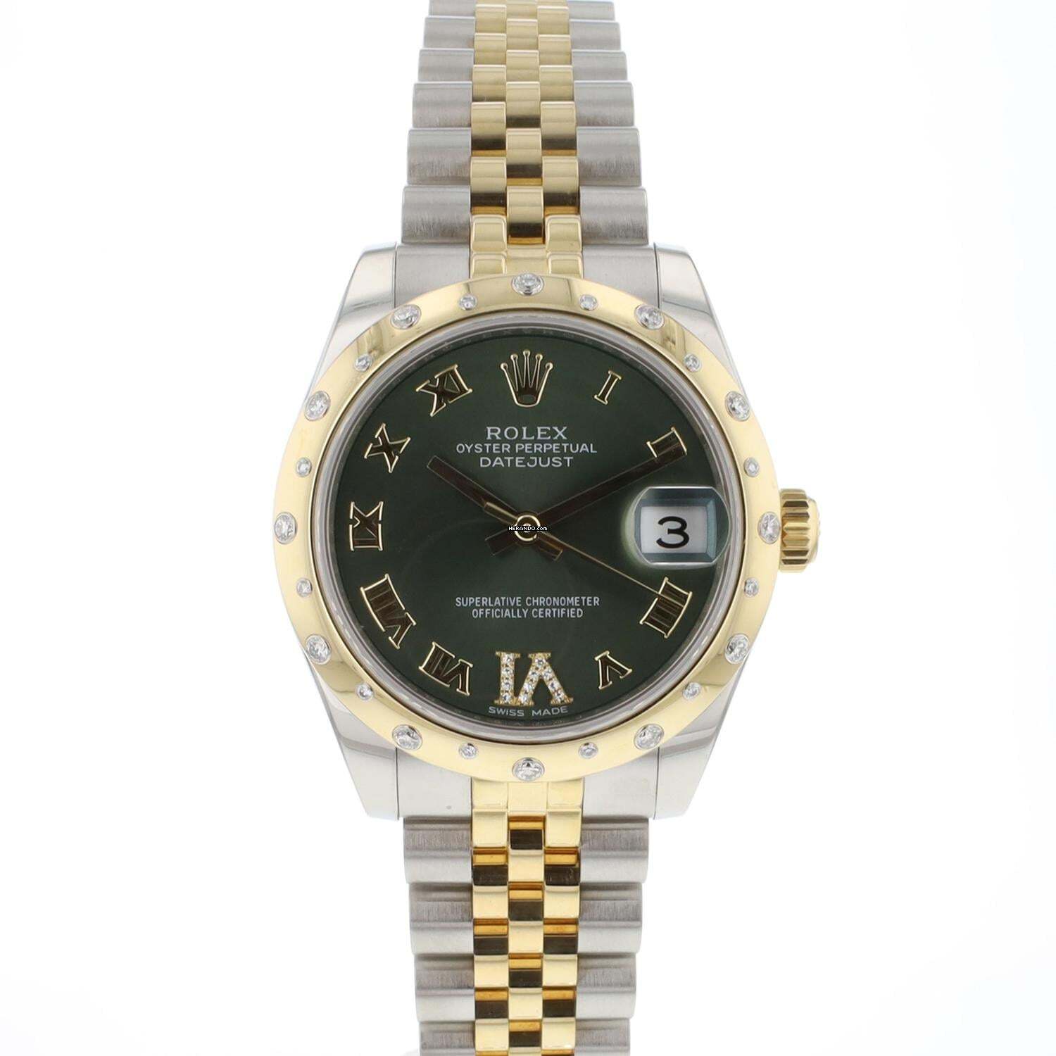 Rolex Datejust 31 Gold/Steel Diamonds Green Roman Dial