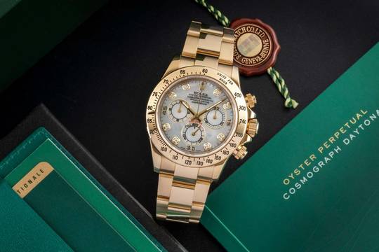  Rolex Daytona Chronograph 18k Gold MOP Diamond Dial Ref. 116528 B&P 2014 LC100 