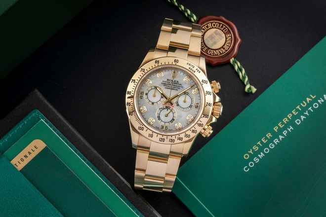  Rolex Daytona Chronograph 18k Gold MOP Diamond Dial Ref. 116528 B&P 2014 LC100 