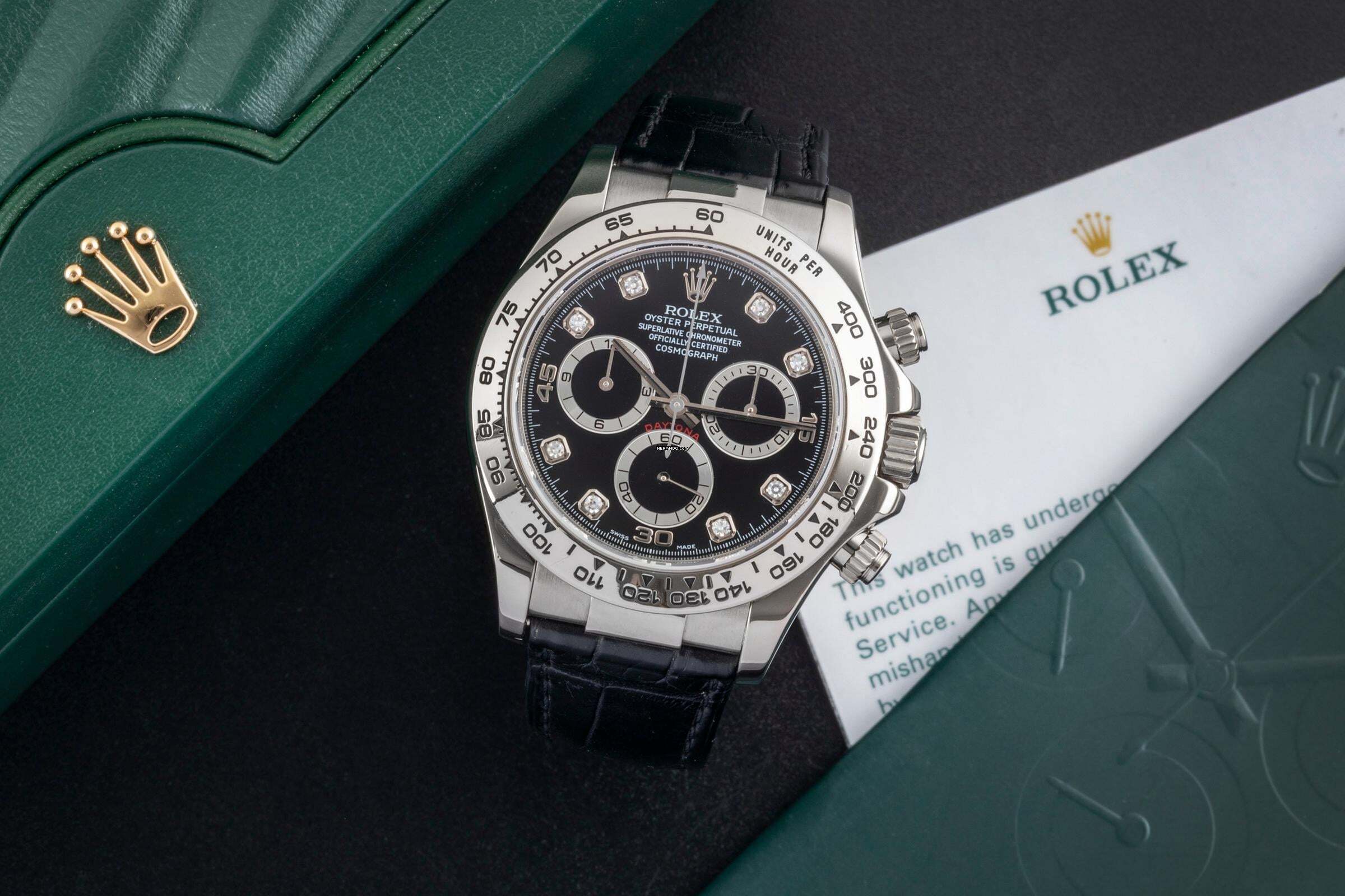 Rolex Daytona Chronograph 18k Weissgold Black Diamond Dial Ref. 116519 B&P 2004