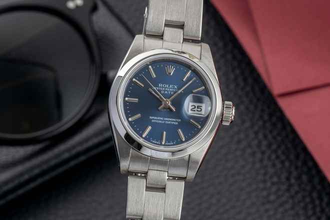 Rolex Oyster Perpetual Lady Date 26 Blue Dial Oyster Edelstahl Automatik Ref. 69160 B&P 1993