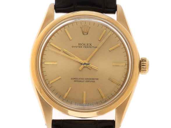  Rolex Oyster Perpetual 34 18kt Gelbgold Ref.1002 1977 original Box sehr gut Vintage Oyster Perpetual 18kt Gelbgold Krokoleder 